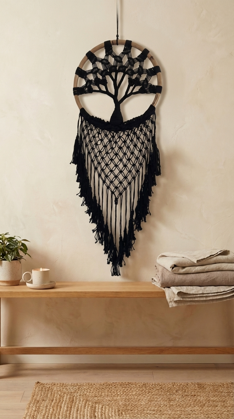 Handmade Boho Black Tree of Life Dreamcatchers - Elegant Bedroom & Living Room Decor'
