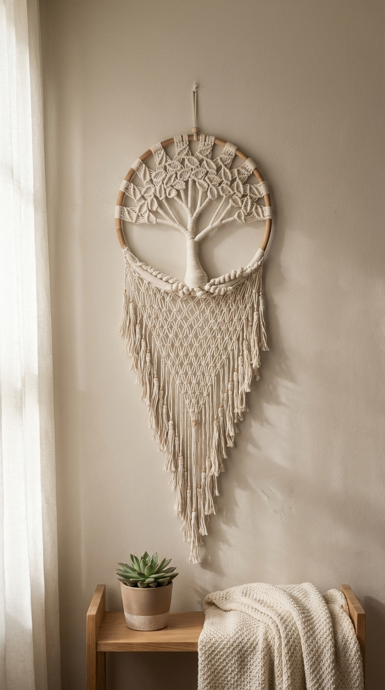 Handmade Boho Cream Tree of Life Dreamcatcher - Elegant Bedroom and Living Room Decor