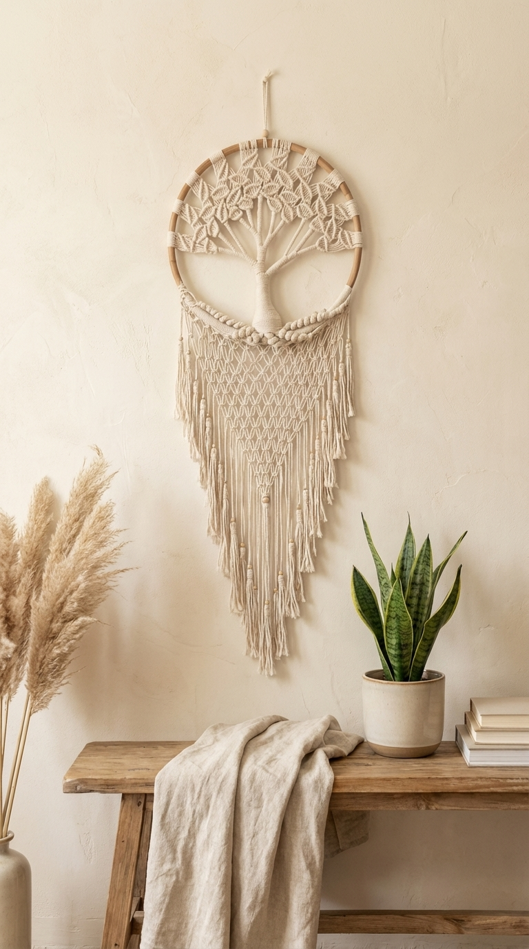 Handmade Boho Cream Tree of Life Dreamcatcher - Elegant Bedroom and Living Room Decor