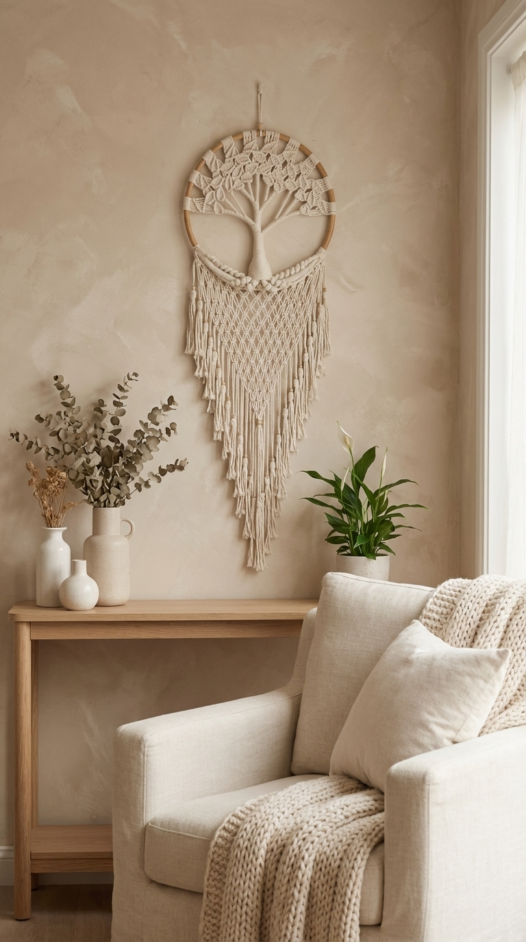 Handmade Boho Cream Tree of Life Dreamcatcher - Elegant Bedroom and Living Room Decor