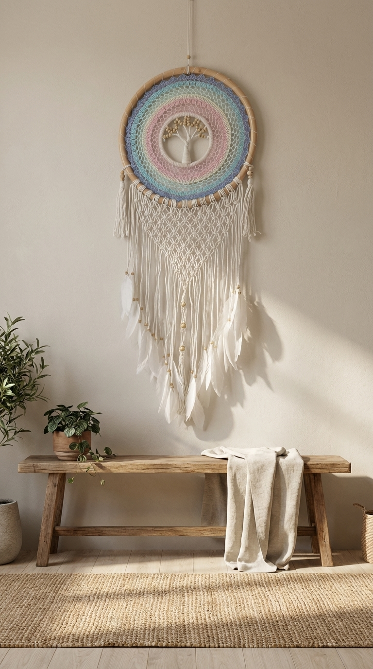 Handmade Feather Hanging Colored 33cm Tree of Life Dreamcatcher - Boho Home Decor'