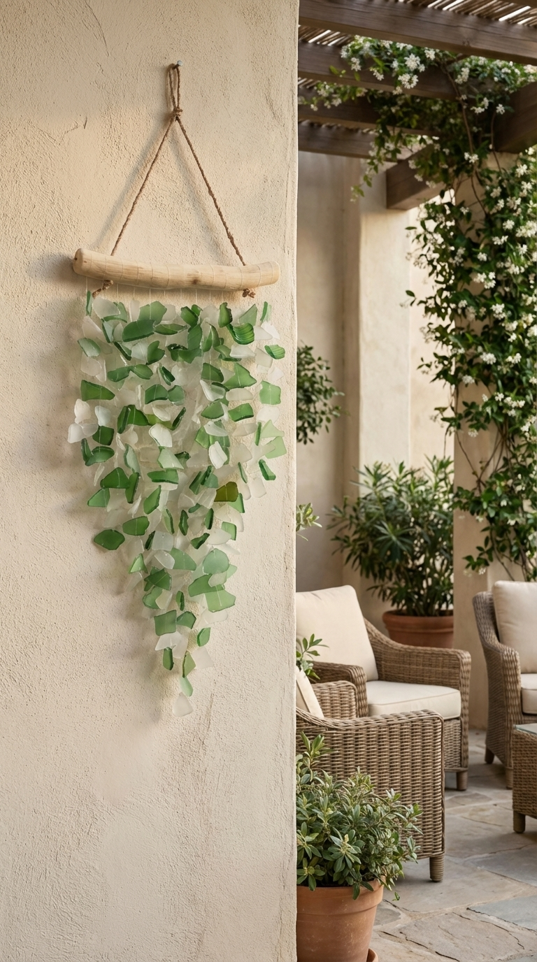 Recycled Wooden Sea Glass Wind Chime – Rattan Dreamcatcher Coastal Decor