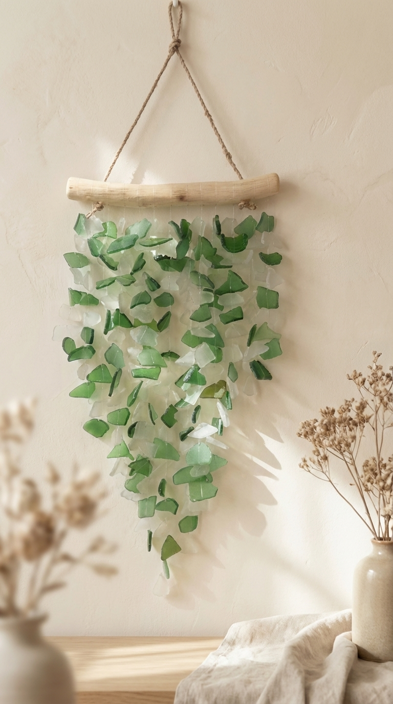 Recycled Wooden Sea Glass Wind Chime – Rattan Dreamcatcher Coastal Decor