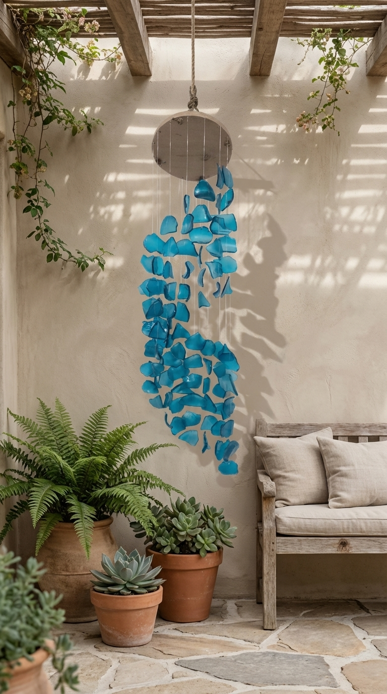 Handmade Spiral Sea Glass Windchime - Recycled Coastal Hanging Decor