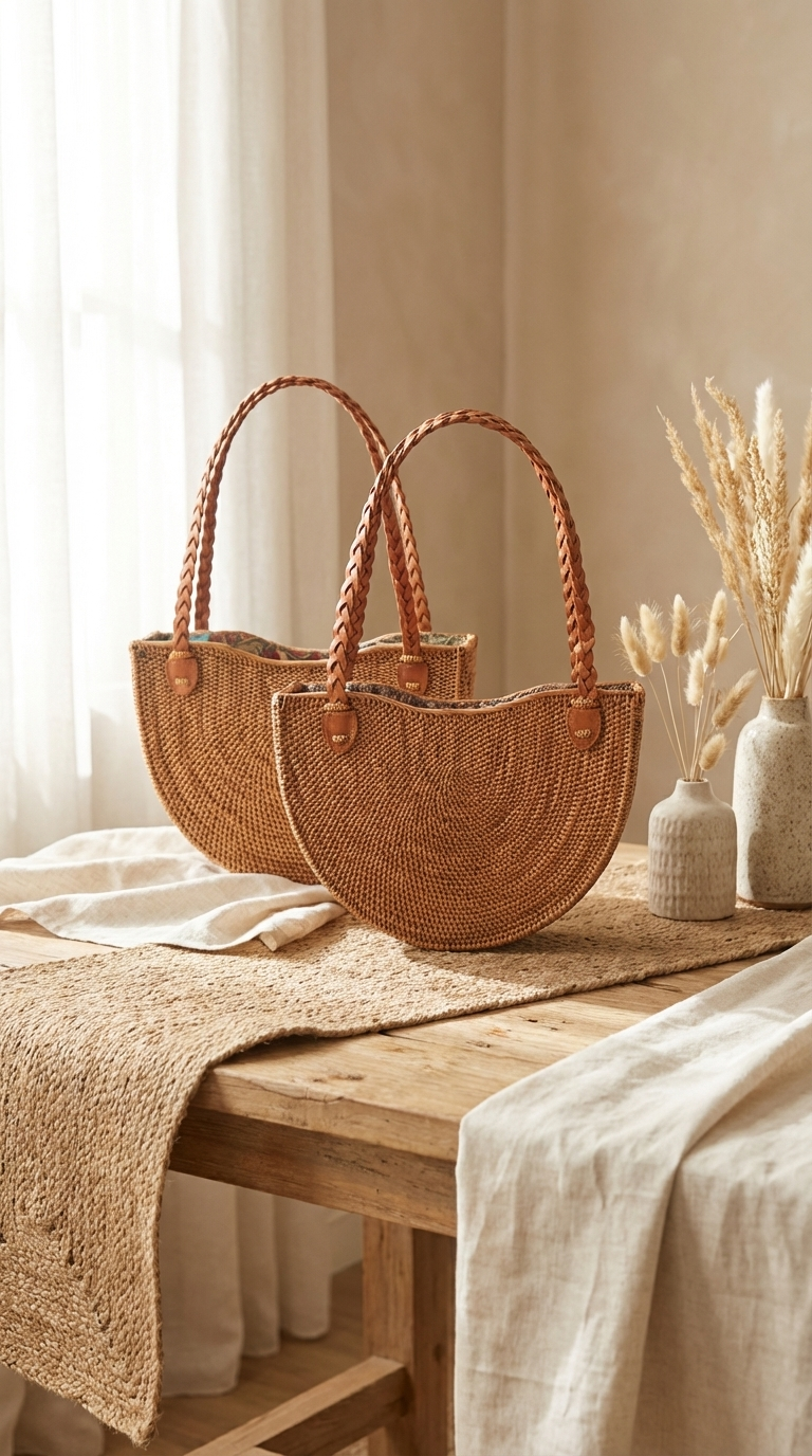 Handmade Rattan Half-Circle Bag - Boho Lightweight Handbag
