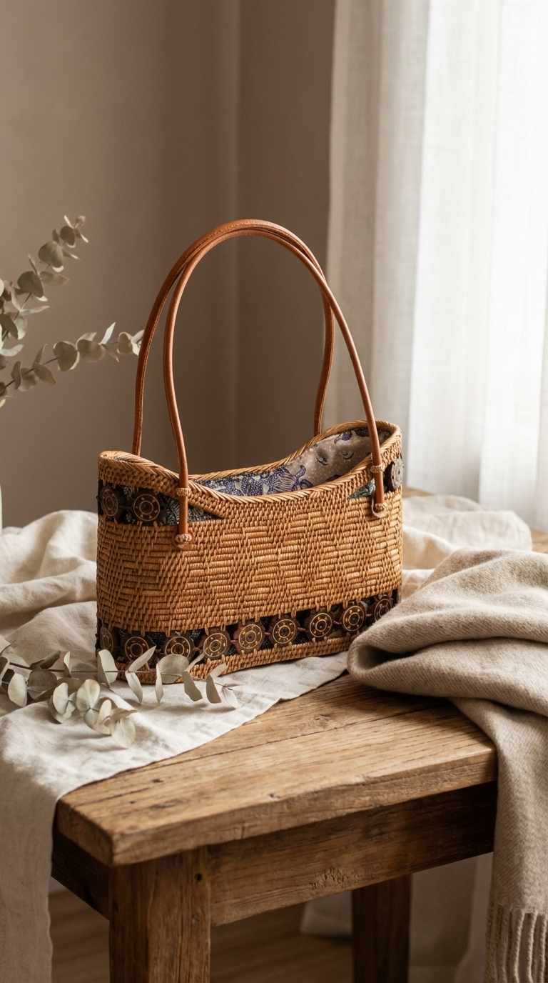 Handmade Rattan Bag with Inner Pouch & Natural Coconut Shell beads - Boh Woven Coastal Fashion Bag