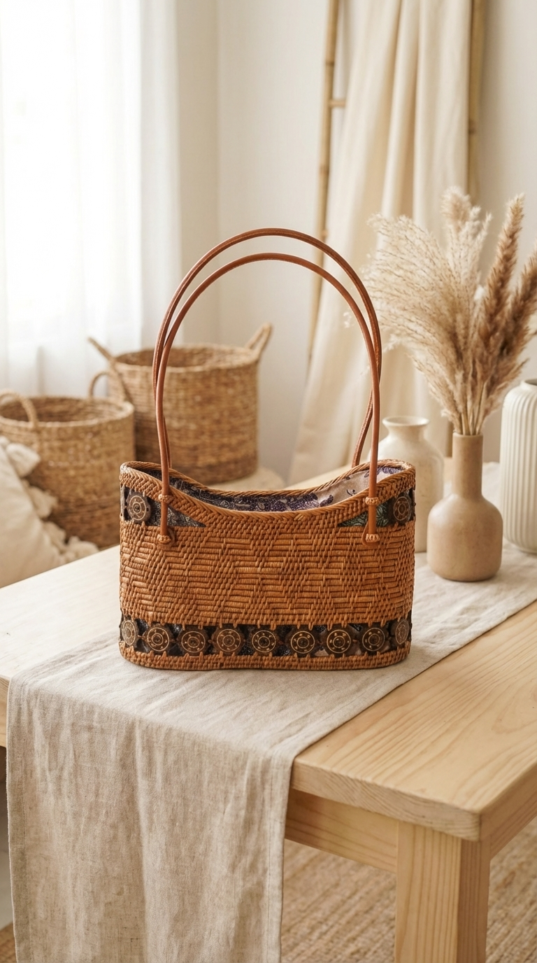 Handmade Rattan Bag with Inner Pouch & Natural Coconut Shell beads - Boh Woven Coastal Fashion Bag