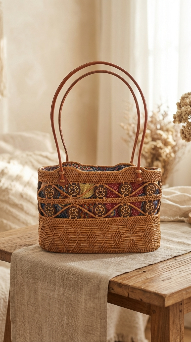 Handwoven Rattan Bag with Decorative Coconut Shell Beads - Handmade Coastal Fashion Bag