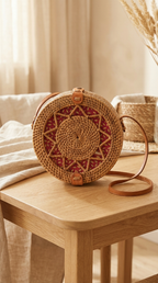 Handmade Star Rattan Crossbody Bag – Bali Boho Beach Bag with Batik Lining