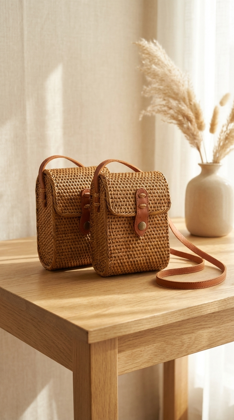 Handmade Rattan Tote Bag - Boho Lightweight Shoulder Bag