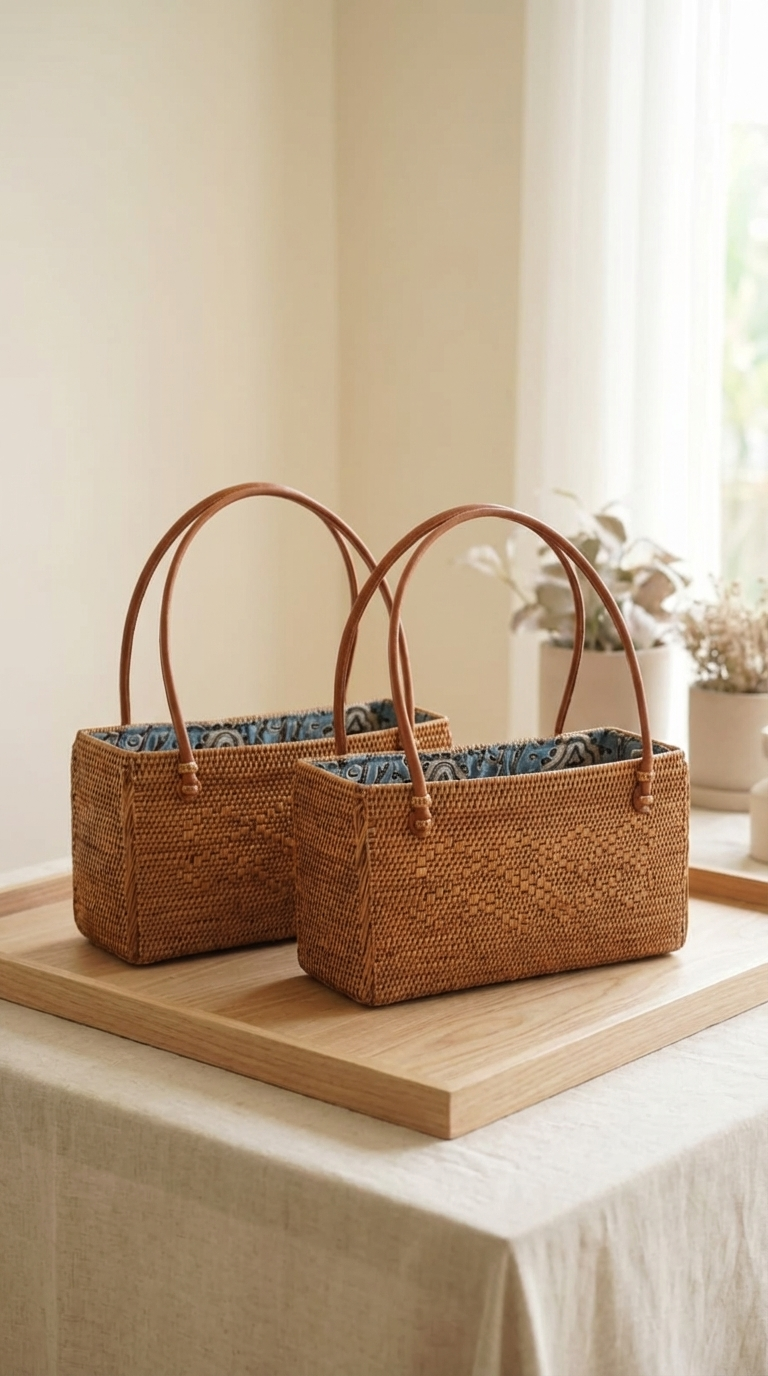 Handmade Rattan Bag with inner Pouch - Handwoven Lightweight Beach Bag