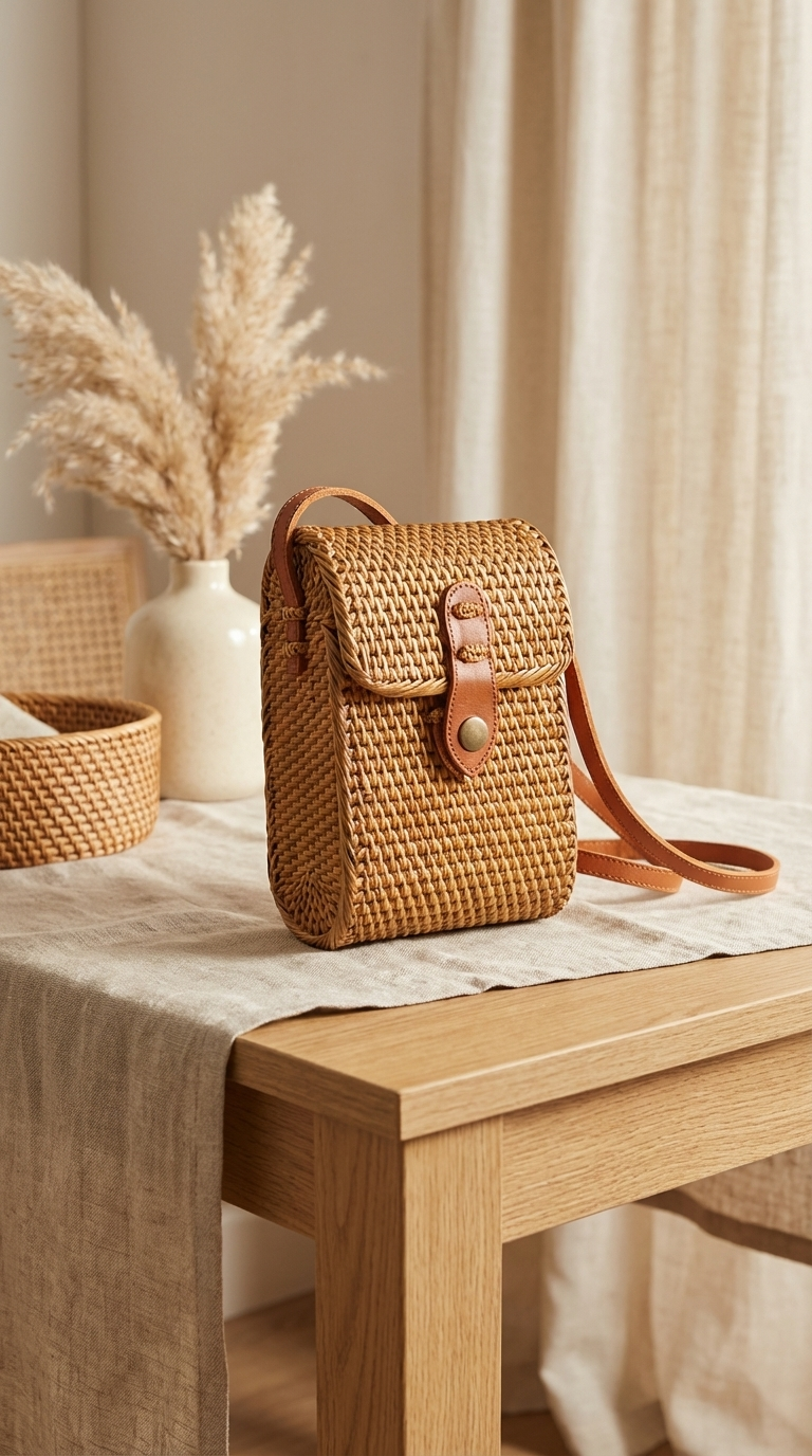 Handmade Rattan Tote Bag - Boho Lightweight Shoulder Bag