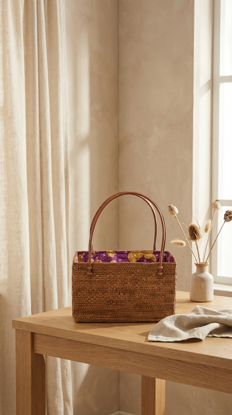 Handmade Rattan Bag with inner Pouch - Handwoven Lightweight Beach Bag