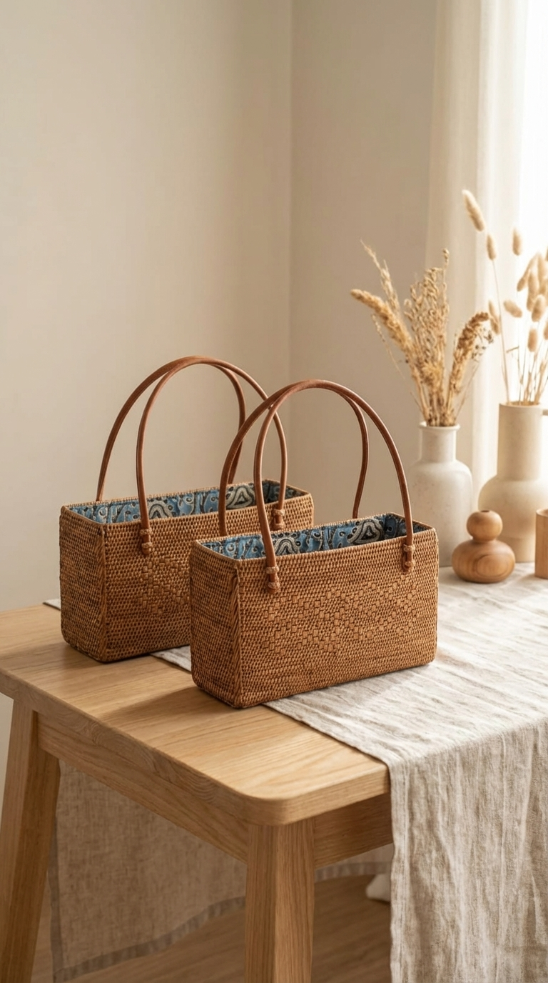 Handmade Rattan Bag with inner Pouch - Handwoven Lightweight Beach Bag