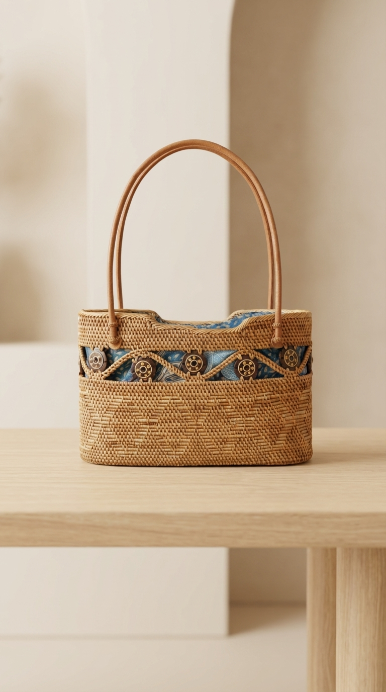 Handmade Rattan Bag with inner Pouch - Boho Lightweight Beach Bag