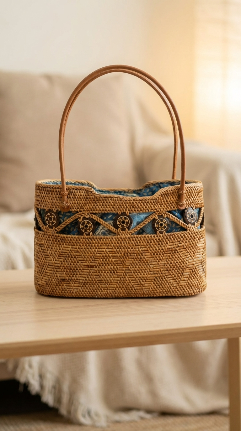 Handmade Rattan Bag with inner Pouch - Boho Lightweight Beach Bag