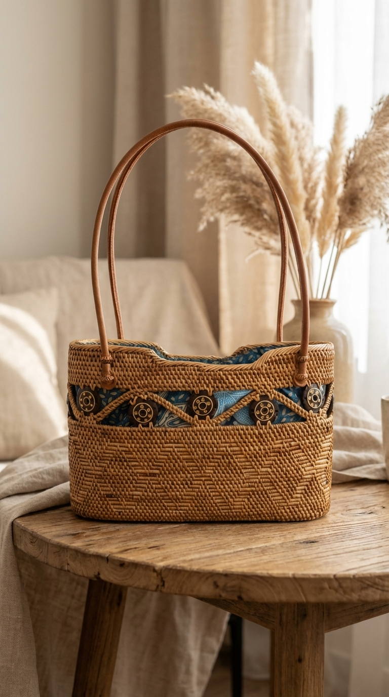 Handmade Rattan Bag with inner Pouch - Boho Lightweight Beach Bag