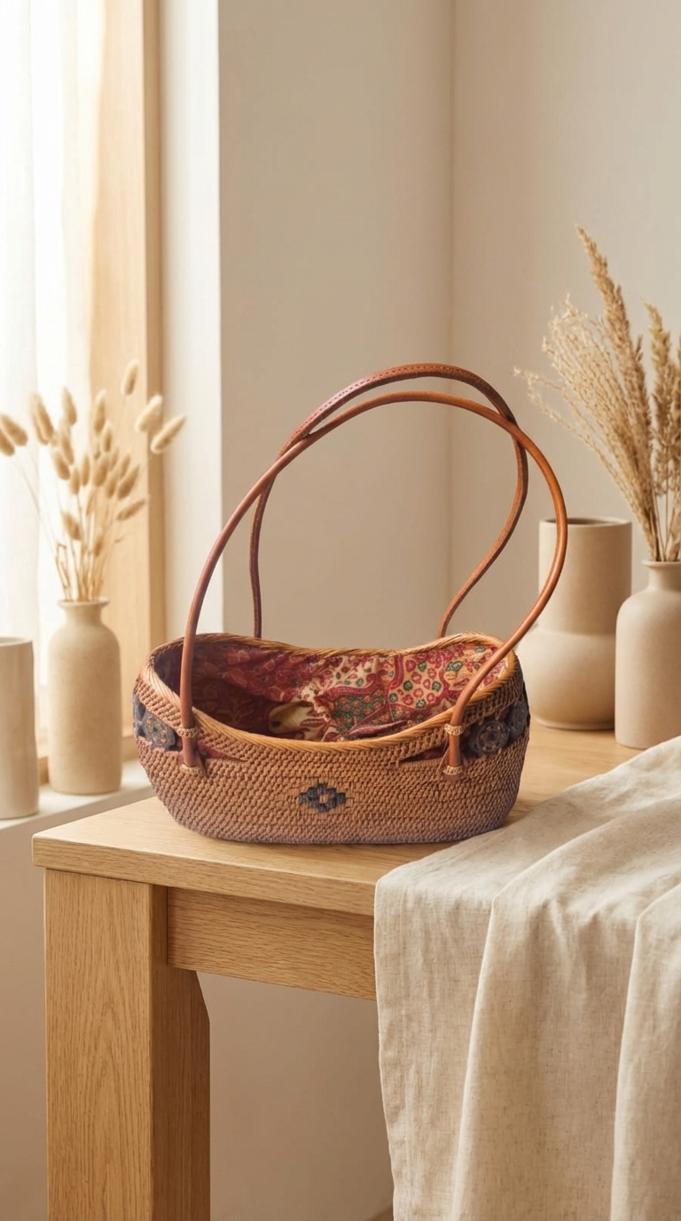 Handmade Small Rattan Bag with inner Pouch & Coconut Shell Bead - Boho Woven Coastal Fashion Bag