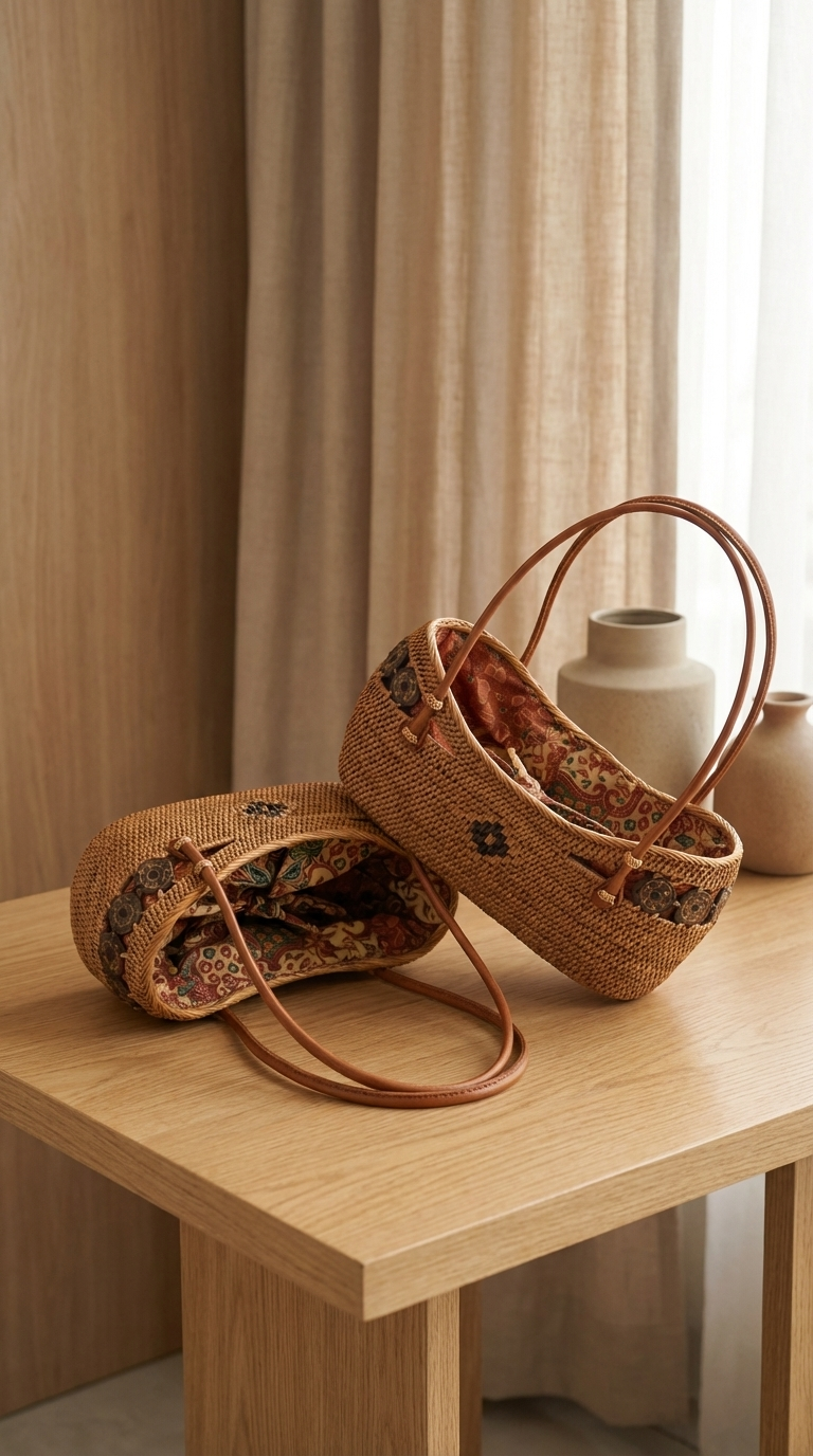 Handmade Small Rattan Bag with inner Pouch & Coconut Shell Bead - Boho Woven Coastal Fashion Bag