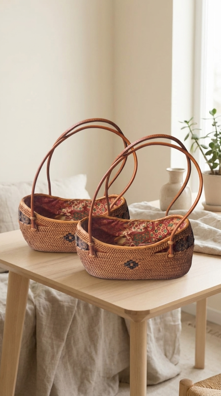 Handmade Small Rattan Bag with inner Pouch & Coconut Shell Bead - Boho Woven Coastal Fashion Bag