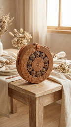Handmade Rattan Crossbody Bag with Coconut Shell Beads - Boho Woven Coast Fashion Bag