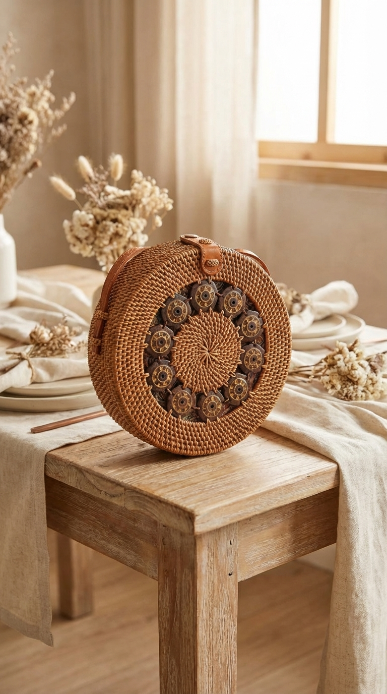 Handmade Rattan Crossbody Bag with Coconut Shell Beads - Bobo Woven Coast Fashion Bag