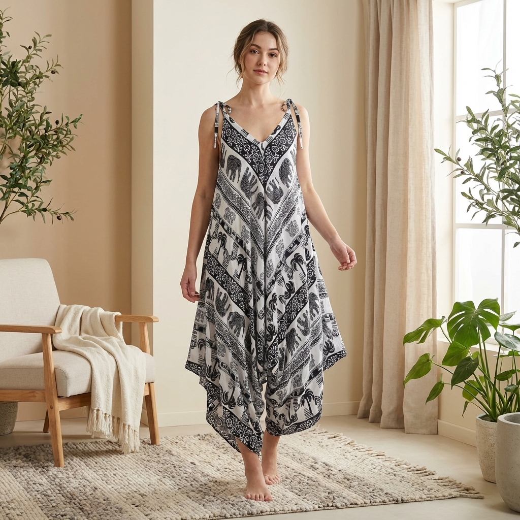 Effortless Boho Floral/Elephant Geni Jumpsuit - Flowy Everyday Style