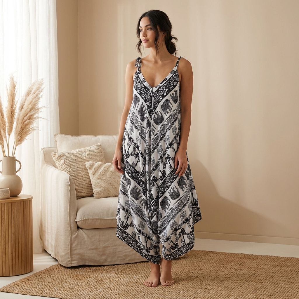 Effortless Boho Floral/Elephant Geni Jumpsuit - Flowy Everyday Style