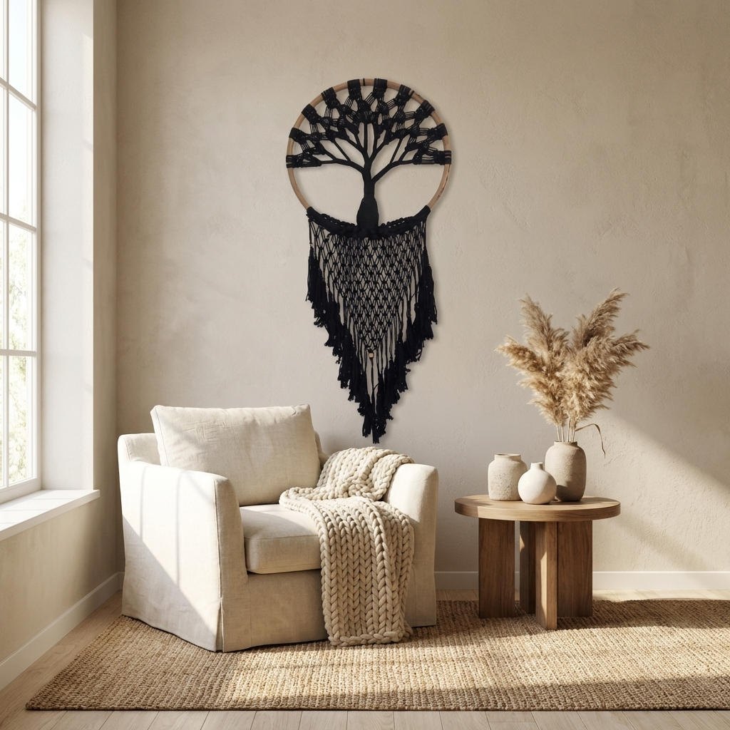 Handmade Boho Black Tree of Life Dreamcatchers - Elegant Bedroom & Living Room Decor'
