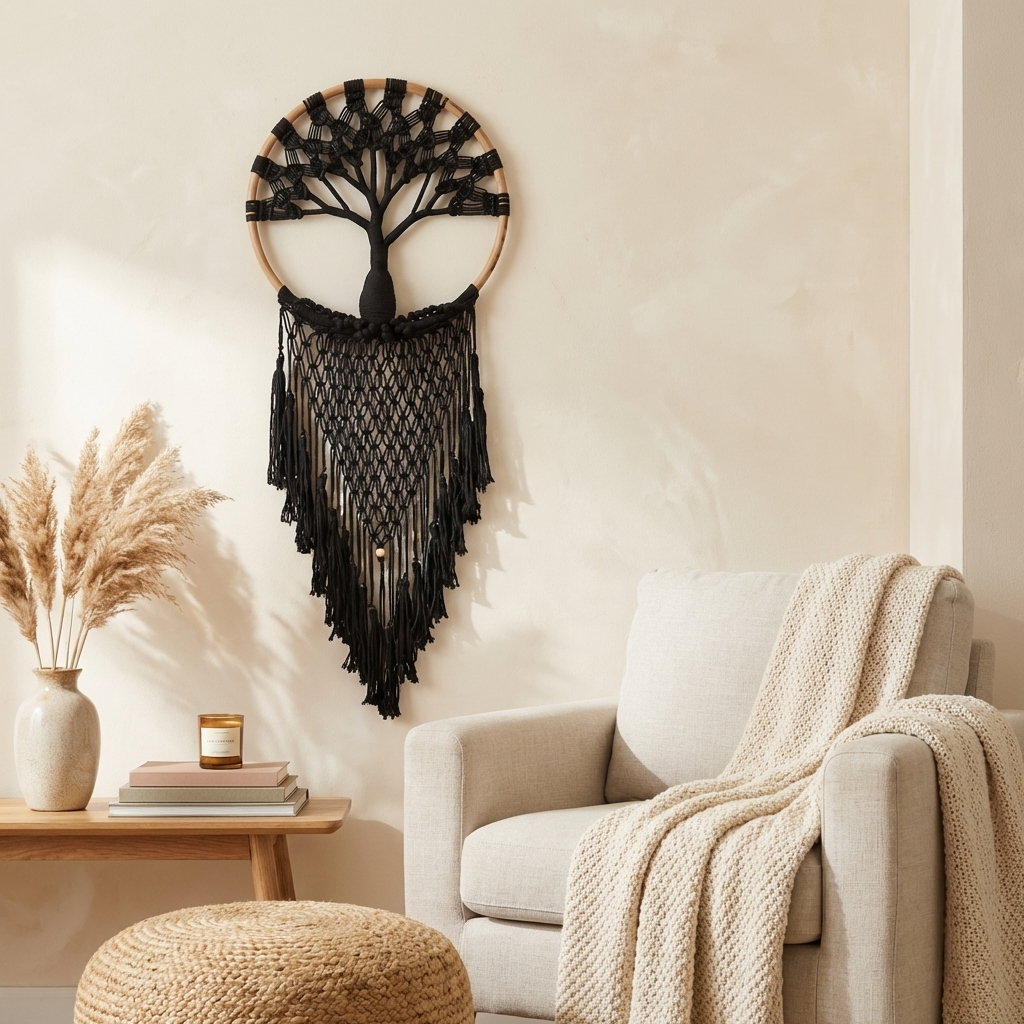 Handmade Boho Black Tree of Life Dreamcatchers - Elegant Bedroom & Living Room Decor'