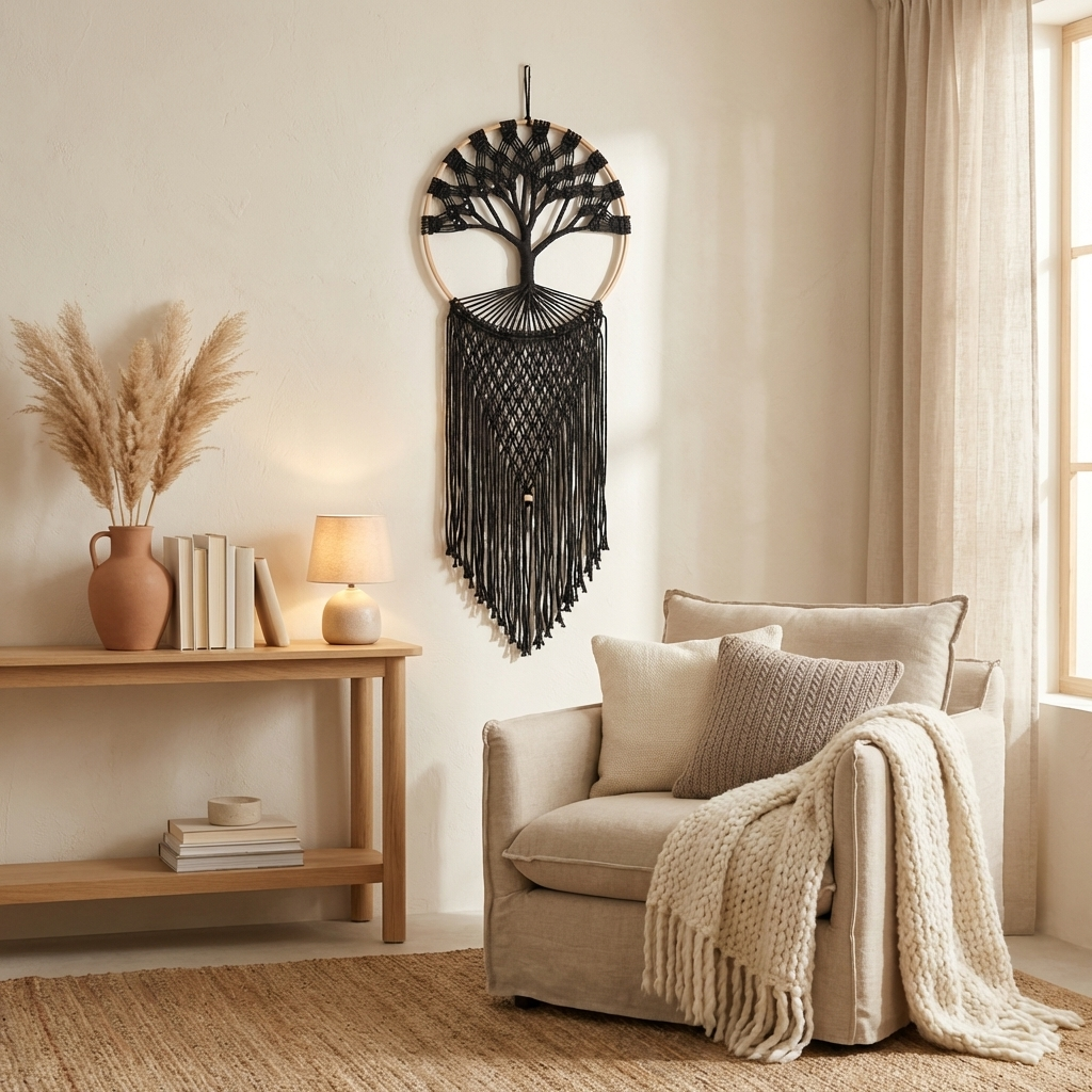Handmade Boho Black Tree of Life Dreamcatchers - Elegant Bedroom & Living Room Decor'