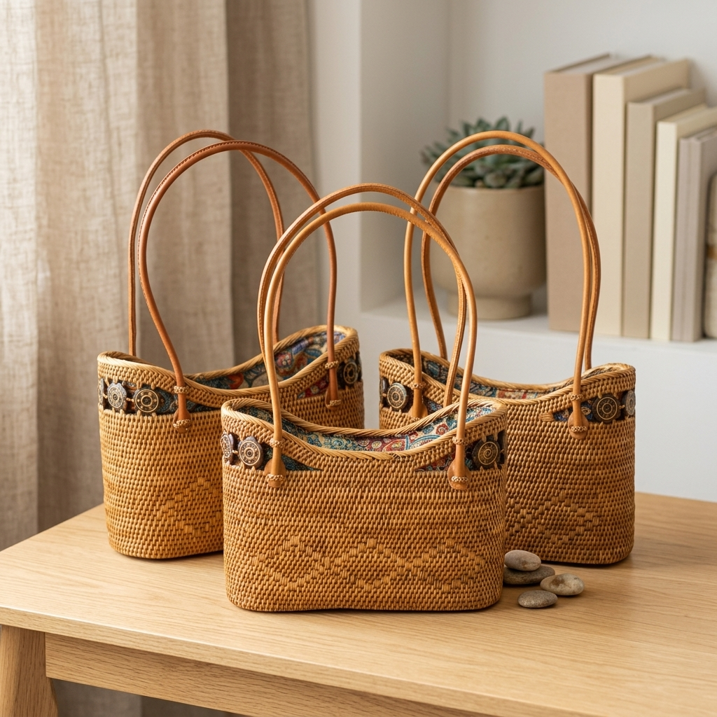 Handwoven Medium Rattan Pouch Bag - Boho Lightweight Fashion Bag