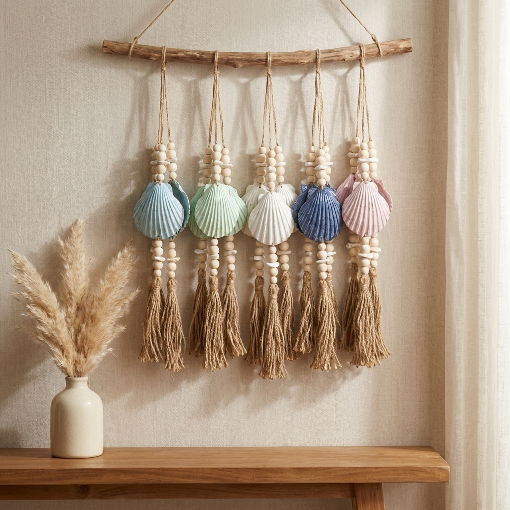Handcrafted Single Boho Shell Wall Hanging - Coastal Statement Piece