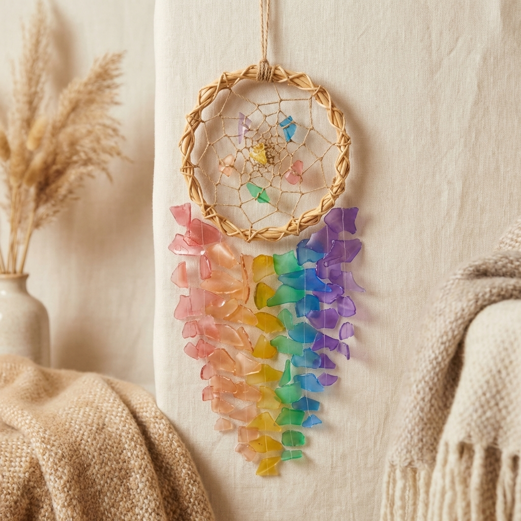 Recycled Sea Glass Windchimes - Rattan Dreamcatcher Coastal Decor
