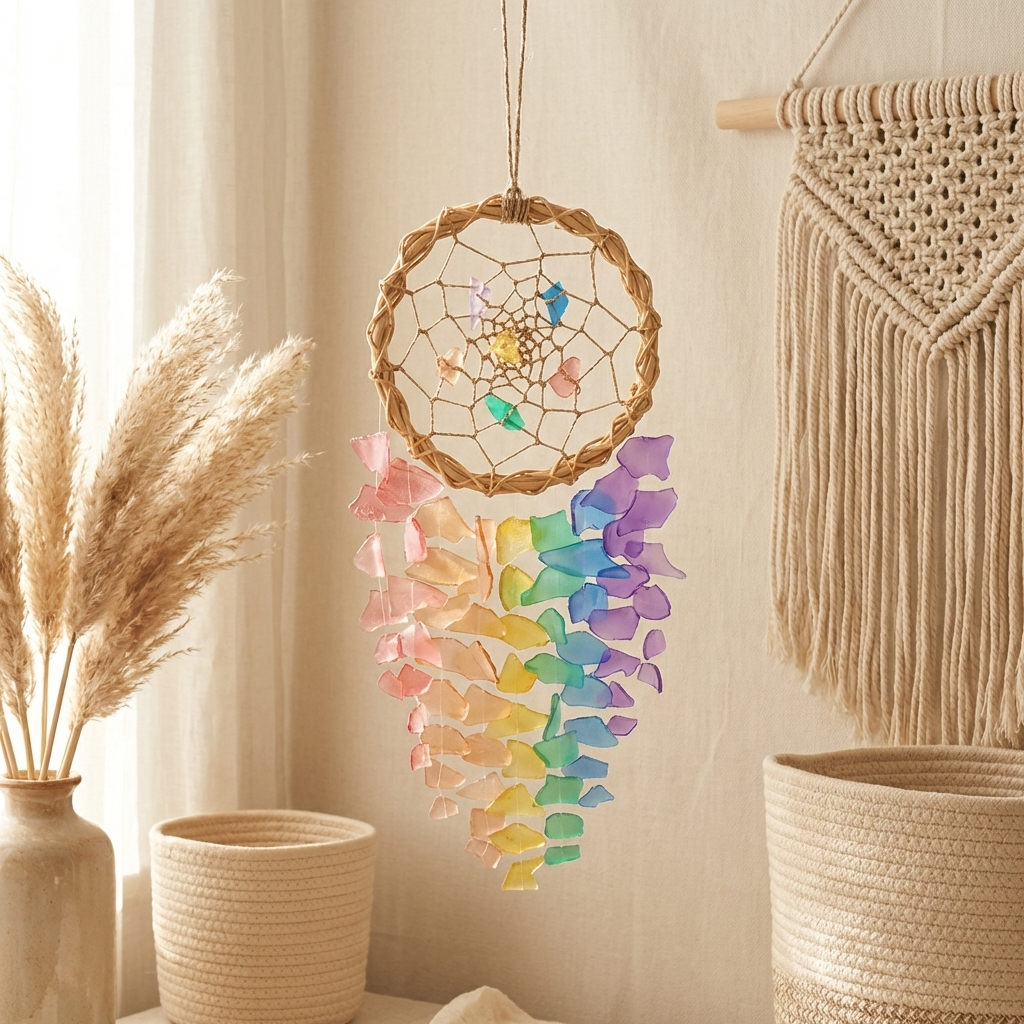 Recycled Sea Glass Windchimes - Rattan Dreamcatcher Coastal Decor