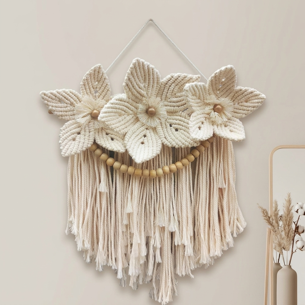 Bohemian Wildflowers Macramé Wall Hanging with Wooden Beads & Tassels