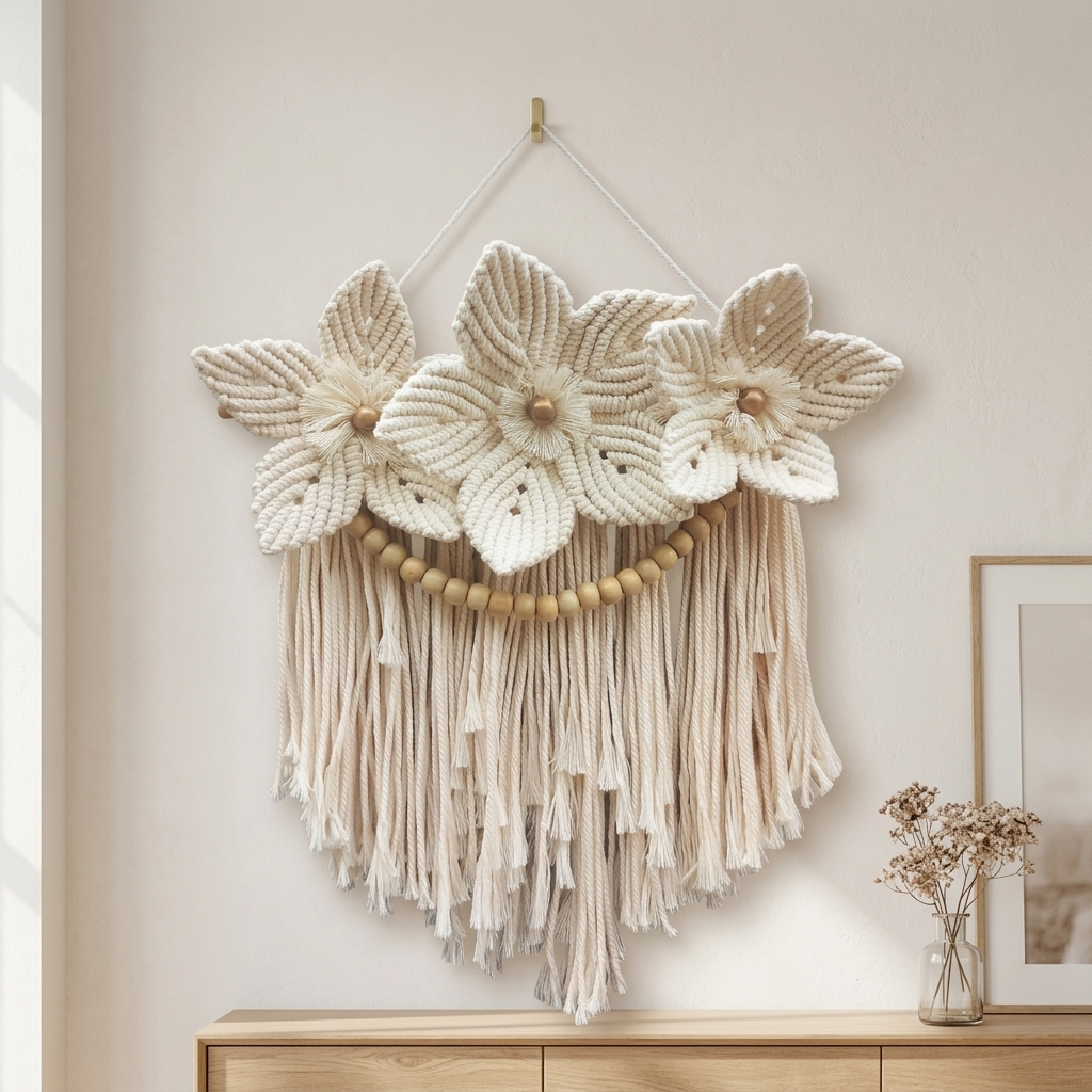 Bohemian Wildflowers Macramé Wall Hanging with Wooden Beads & Tassels