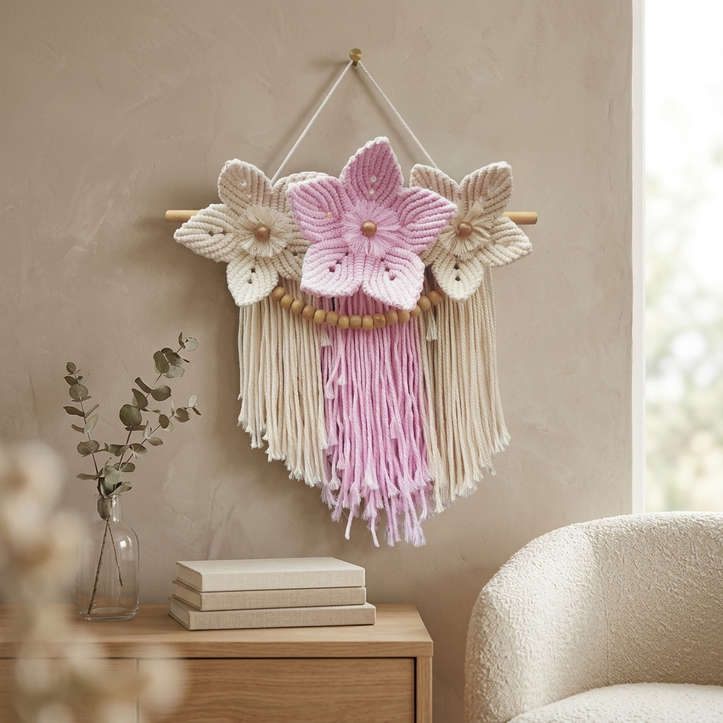 Bohemian Wildflowers Macramé Wall Hanging with Wooden Beads & Tassels