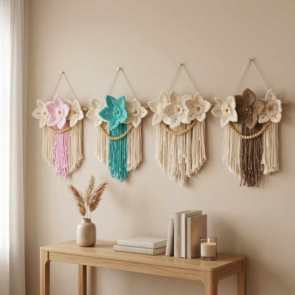 Bohemian Wildflowers Macramé Wall Hanging with Wooden Beads & Tassels