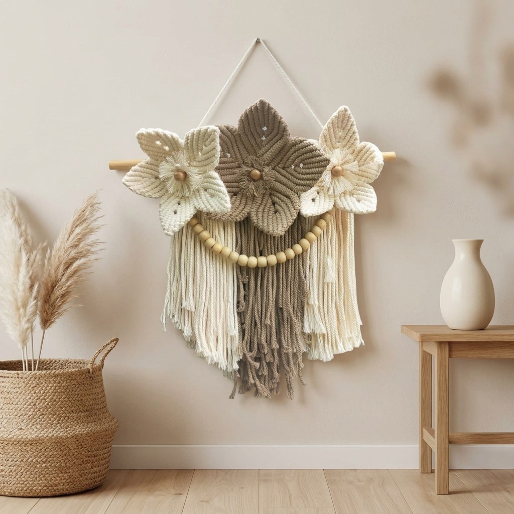 Bohemian Wildflowers Macramé Wall Hanging with Wooden Beads & Tassels