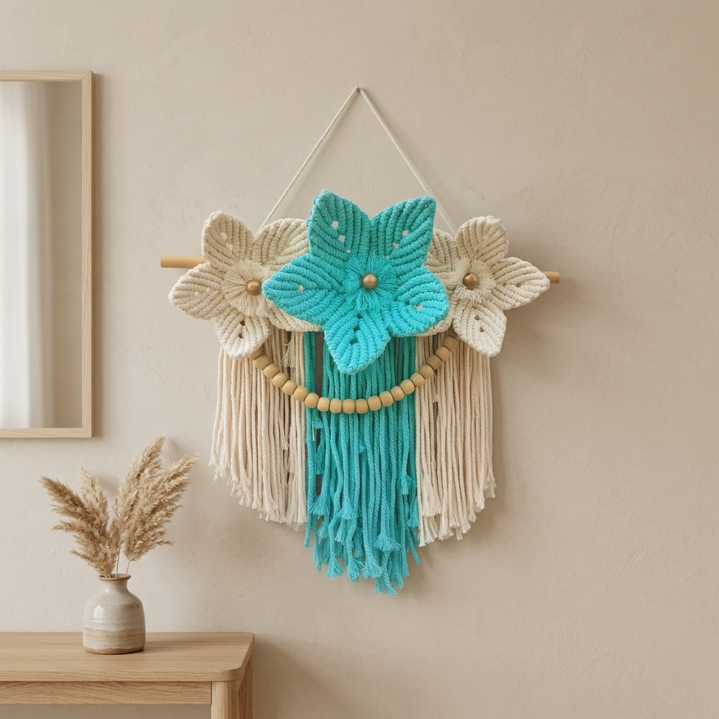 Bohemian Wildflowers Macramé Wall Hanging with Wooden Beads & Tassels