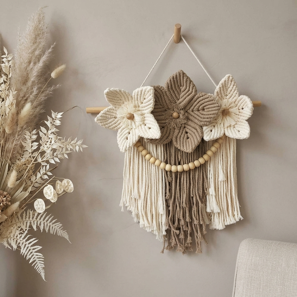 Bohemian Wildflowers Macramé Wall Hanging with Wooden Beads & Tassels