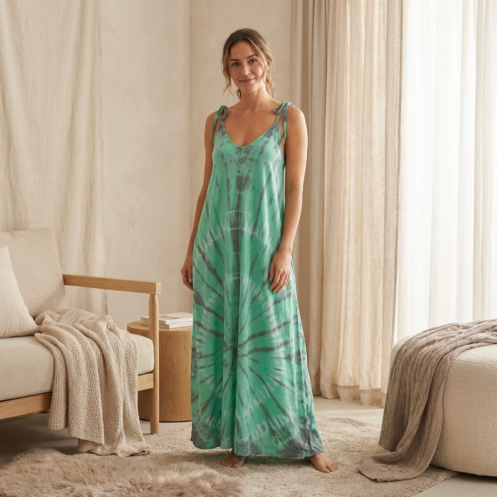 Flowy Tie-Dye Maxi Tie-shoulder Dress - Lightweight Easy Wear