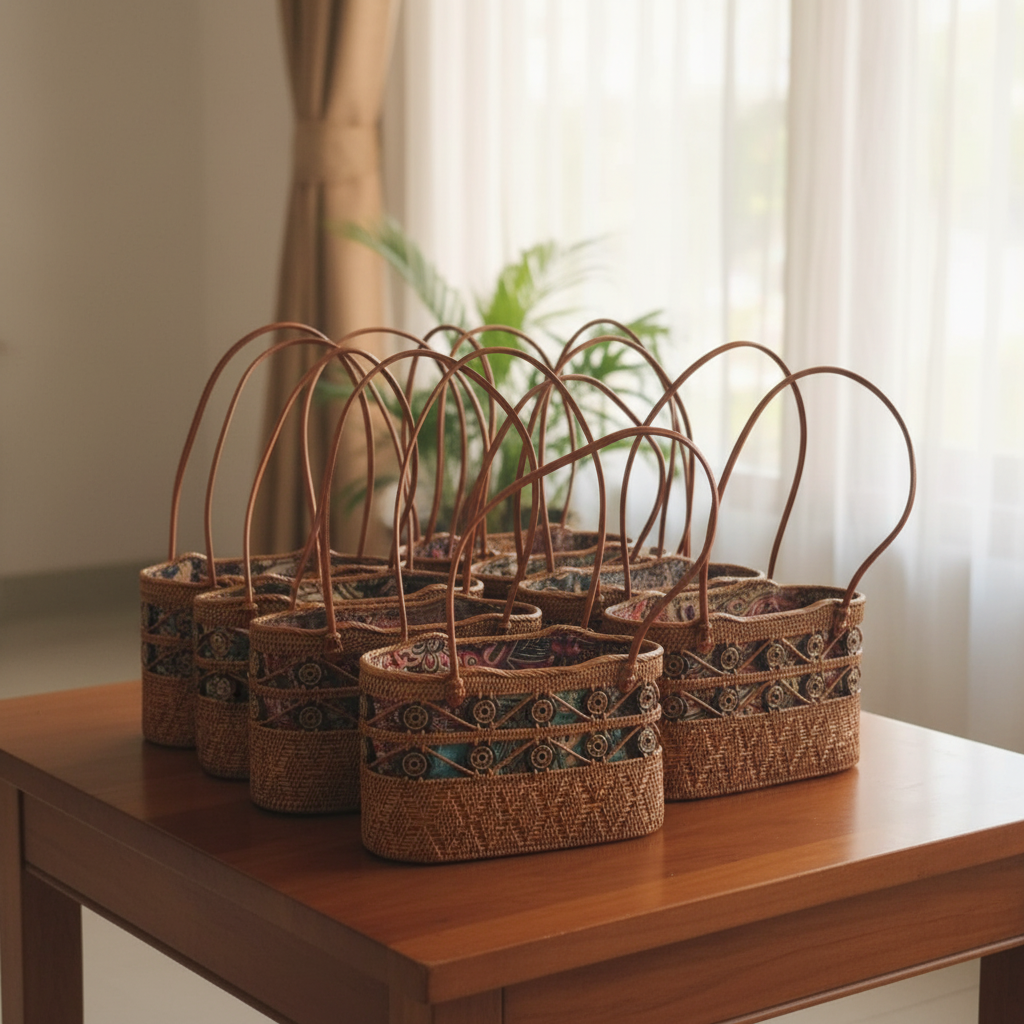 Handwoven Rattan Bag with Decorative Coconut Shell Beads - Handmade Coastal Fashion Bag