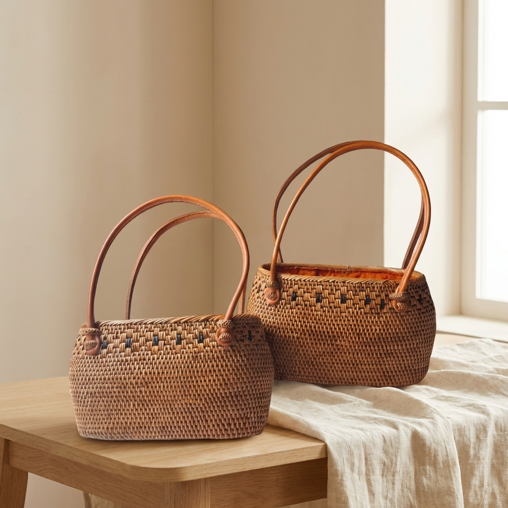 Handmade extra small Rattan Bag with Inner Pouch - Boho Woven Coastal Fashion Bag