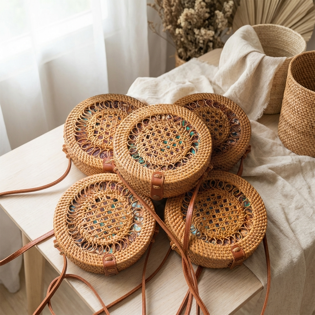 Handmade Rattan Spiral Crossbody Bag - Boho Woven Coastal Fashion Bag