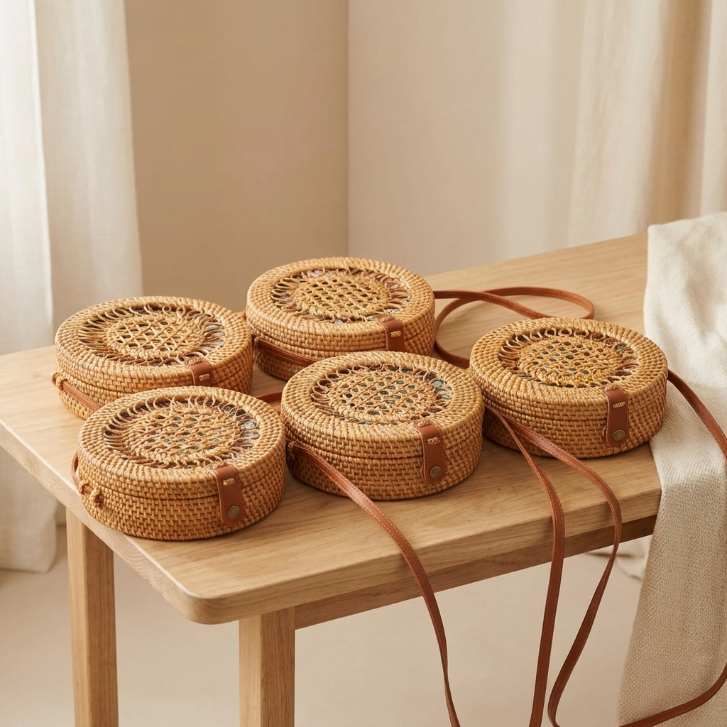 Handmade Rattan Spiral Crossbody Bag - Boho Woven Coastal Fashion Bag