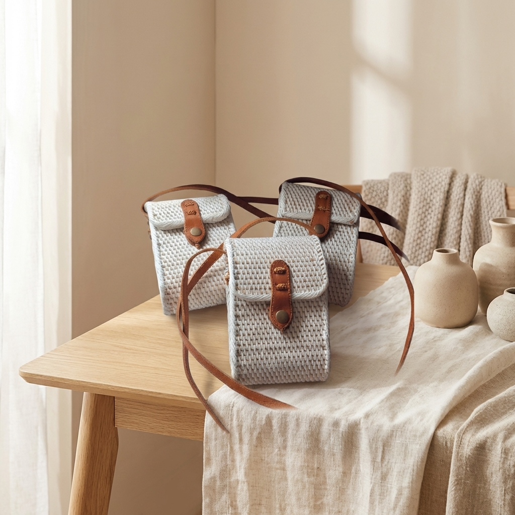 Handmade White Rattan Tote Bag - Boho Lightweight Shoulder Bag
