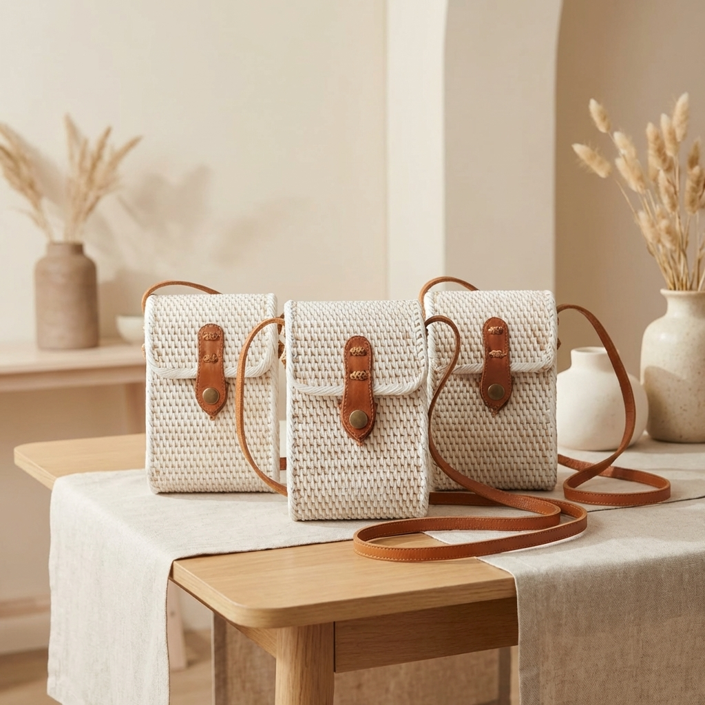 Handmade White Rattan Tote Bag - Boho Lightweight Shoulder Bag