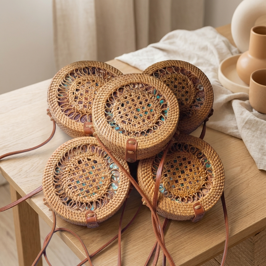 Handmade Rattan Spiral Crossbody Bag - Boho Woven Coastal Fashion Bag